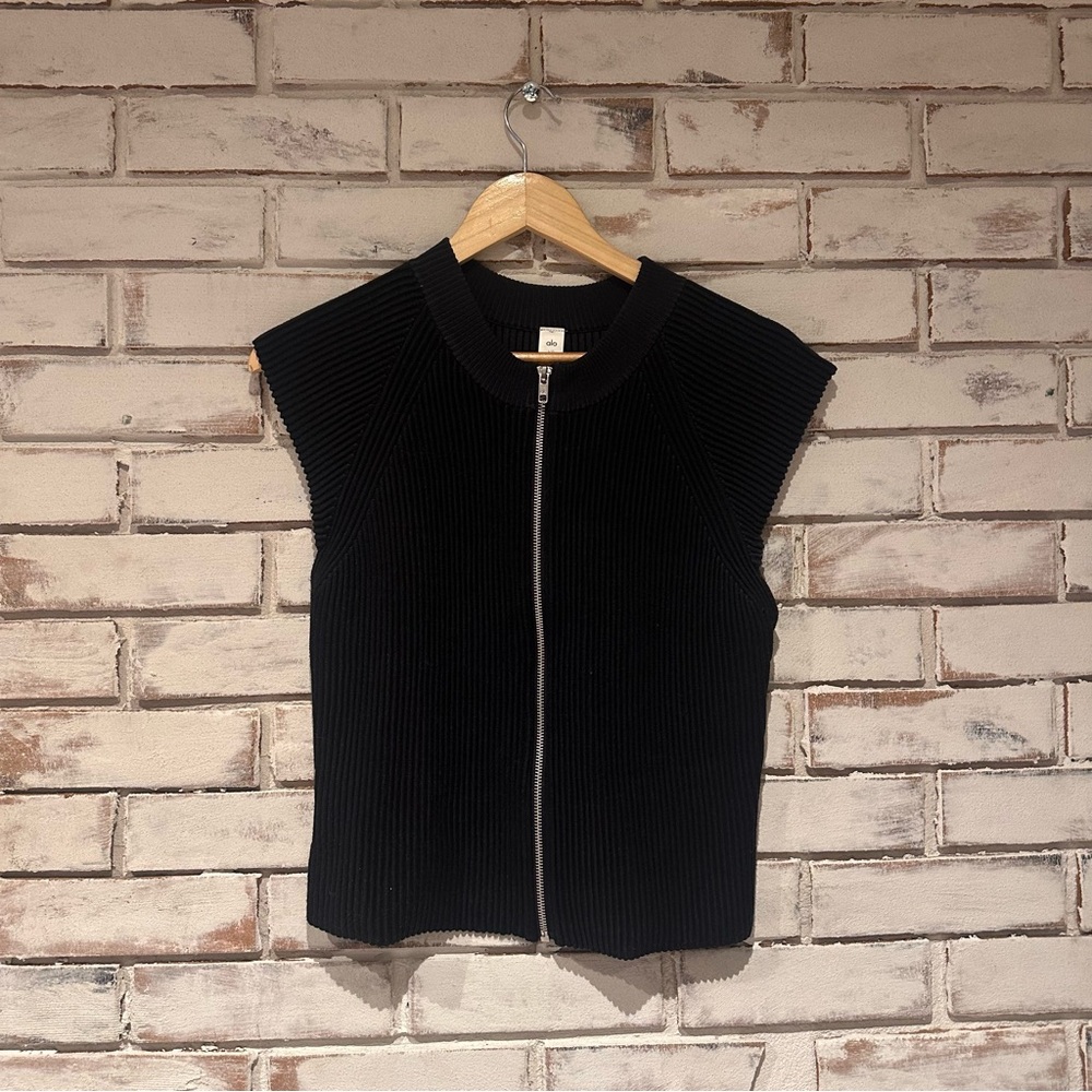 ALO Yoga Denim Knit Sleeveless Full Zip-top Black Anthracite